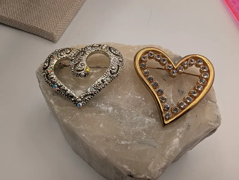 Vintage Heart Brooch Pin Lot Silver Tone AB Rhinestone Gold Tone Clear Crystal